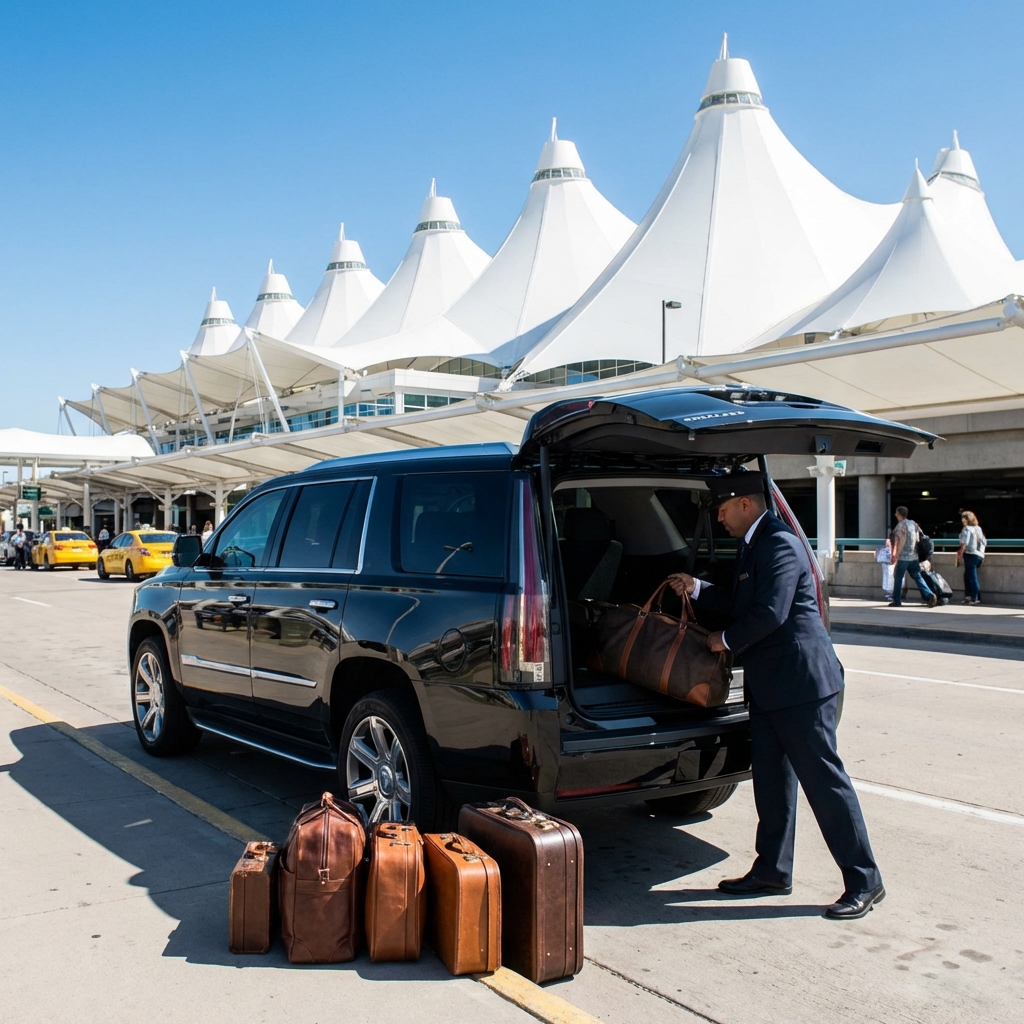 SUV and luggage outside Denver International Airport